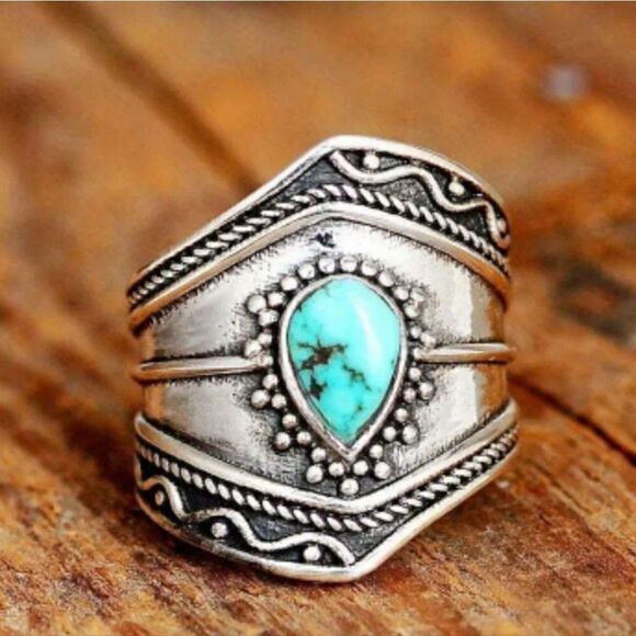 Irregular Band Ring Inlaid with Artificial Turquoise Decorative Bohemian Ring - Picture 4 of 12